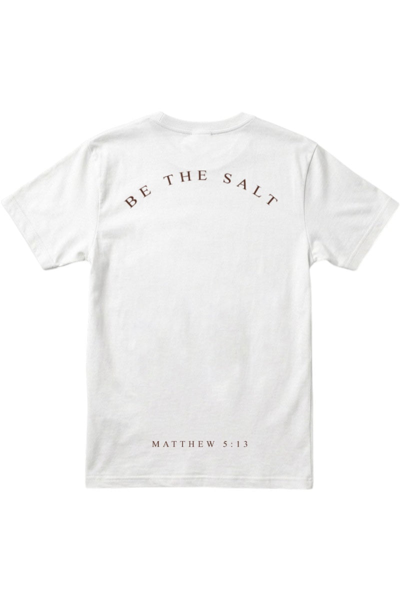 Be The Salt white t-shirt front view with Repent Club bird logo, faith-based Christian apparel