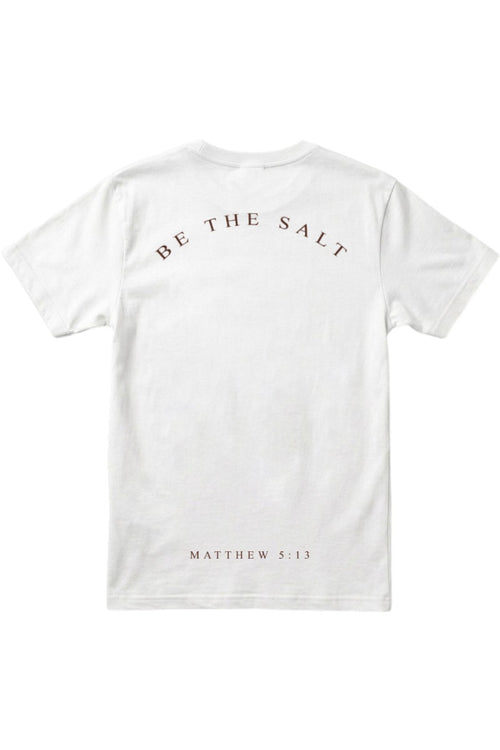 Be The Salt white t-shirt front view with Repent Club bird logo, faith-based Christian apparel